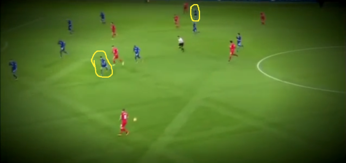 In this still you can clearly see how the 2 wingers (marked in yellow) are sitting central to force the opponents to go out wide. Once the ball reaches Moreno, Mahrez will then go and close him down.